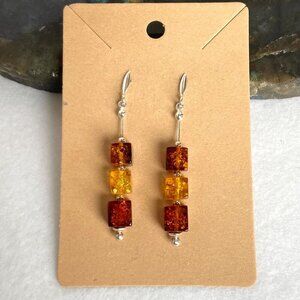 Sterling Silver 925 Beaded Cube Two Tone Baltic Amber Dangle Drop Post Earrings